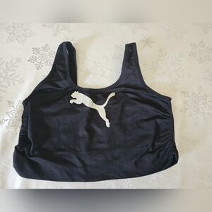 Puma Sports Bra  Black and Silver Logo Tank Top SZ XL Ruched Sides